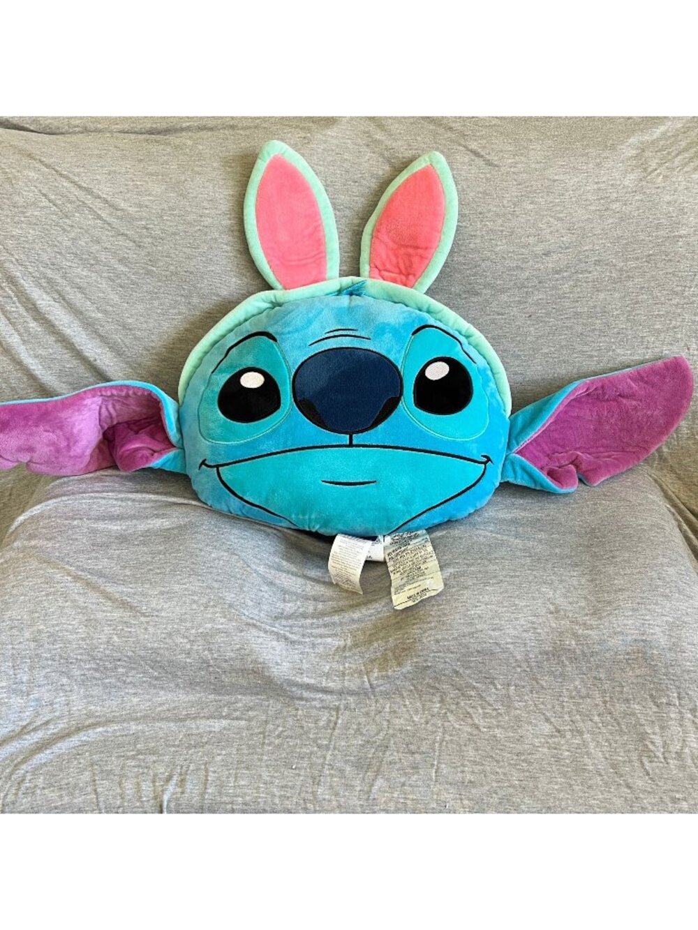 Disney Stitch Plush Pillow Bunny Ears 3D Embroidered Face Soft Blue & Pink 100%